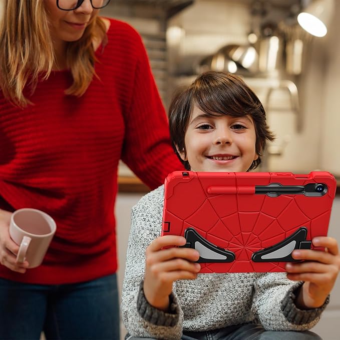 for Samsung Galaxy Tab S10 Lite 5G/ S10 FE/ S9 FE/ S9/ S8/ S7 Case (10.9''/11''), Shockproof Drop Protective Cute Cover for Kids Boys w/Pencil Holder Stand Carrying Shoulder Strap, Red Black