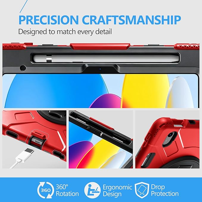 Case for iPad (A16) 11th/10th Generation Case: Protective Cover for iPad 11th Gen 11 Inch 2025 &10th Gen 10.9" 2022 with Screen Protector- Stand- Shoulder Strap- Handle- Pencil Holder-Black+Red