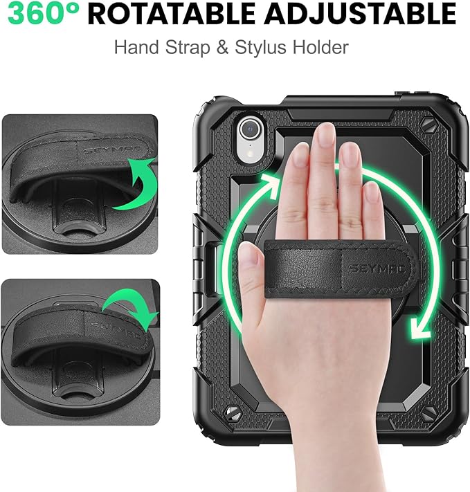 SEYMAC Case for iPad mini 7 (A17 Pro) 2024/ Mini 6 8.3″, Full-Body Shockproof Protective Case with Screen Protector, 360° Rotating Stand, Hand/Shoulder Strap for iPad mini 7th/ 6th Generation, Black