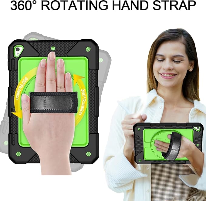 MENZO Shockproof Case for iPad 5th Gen/6th Gen/Air 2/Pro 9.7-inch with 360° Swivel Stand, Pencil Holder, Detachable Hand and Shoulder Strap, Black+Green