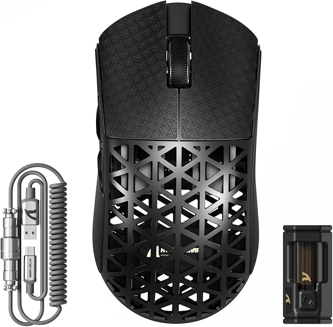 ATTACK SHARK R5 Ultra Wireless Gaming Mouse,Carbon Fiber Shell 39g Superlight,PAW3950MAX Nordic 52840 MCU 8K Polling 42K DPI Optical Sensor,BT/2.4G/USB-C Wired Mice with Coiled Cable-Black&Griptape