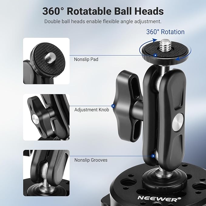 NEEWER 6" Suction Cup Camera Mount with Ball Head Magic Arm, 2 Pack Metal Car Mount for Camera/Action Camera/Phone, Air Pump Vacuum on Car or Window Glass with 1/4" 3/8" ARRI Mounting Holes, CA013
