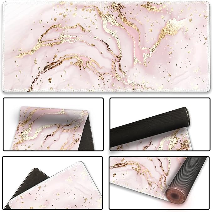 Extended Gaming Mouse Pad XXL ArtSo Large Keyboard Mat Long Mousepad Desk Decor Writing Pad Non Slip Rubber Base Stitched Edges for Work, Game, Office, Home, 35.1" x 15.7", Pink Marble