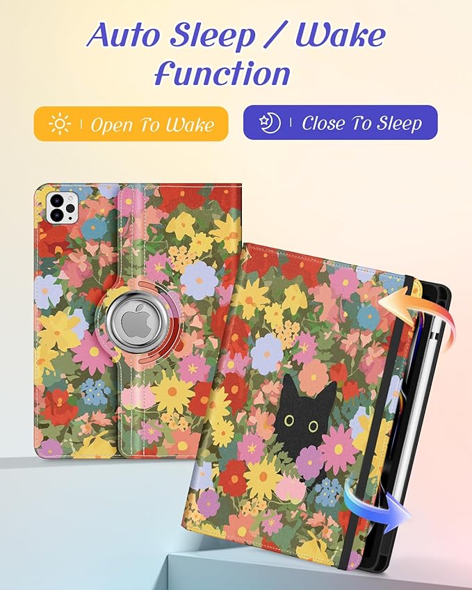 Kidcube for iPad Pro 11 Inch Case M4 2024 5th Generation - Women Girls Cute Rotating Stand Folio Cover with Pencil Holder & Card Slot Kawaii Cat Flower Design for iPad Pro 11'' Case 2024 M4 5th Gen
