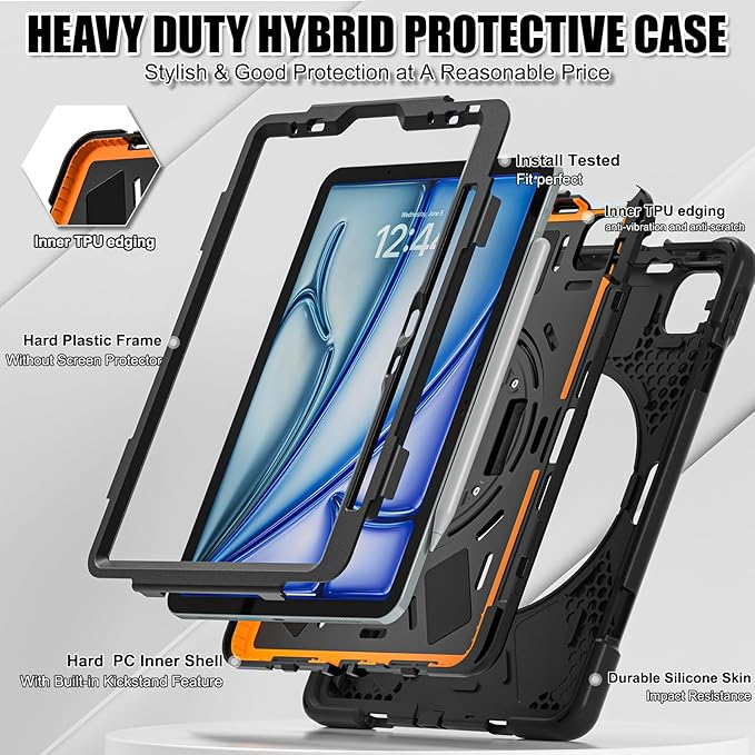 BRAECN for iPad Air 11 Inch M4 2026/M3 2025/M2 2024,iPad Air 5th/ 4th Gen 10.9 Inch Shockproof Durable Silicone Case with 360 Rotating Hand Strap&Kickstand for iPad Pro 11'' 4/3/2/1st Case-Black
