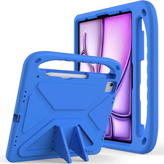 Kids Case for iPad Pro 13 inch (M5) 2025/ (M4) 2024, with Pencil Holder/Kickstand/Handle Stand Lightweight Cute Soft EVA Shockproof Silicone Anti-Slip Grip Rugged Girls Boys Cover, Blue