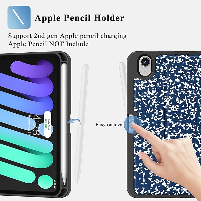 Supveco Case for iPad mini 7 (A17 Pro) 2024/iPad Mini 6 2021 8.3 Inch with Pencil Holder-[Auto Wake/Sleep],Slim Protective Case with Soft TPU Back Cover for iPad mini 7th/6th Generation(Navy)