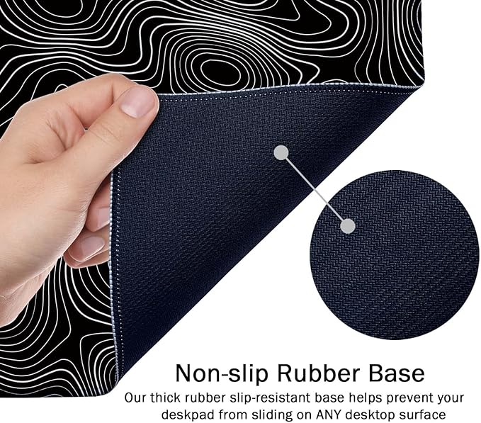 SSOIU Black Topographic Extended Gaming Mouse Pad XXL ArtSo Large Keyboard Mat Long Mousepad Desk Decor Writing Pad Non Slip Rubber Base Stitched Edges for Work, Game, Office, Home, 35.5" x 15.7"