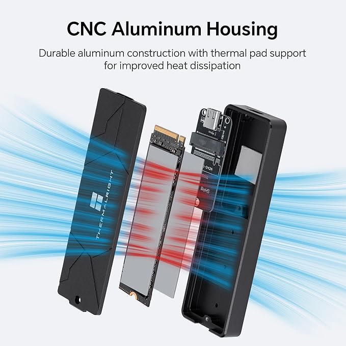 Thermalright M.2 NVMe SSD Enclosure, HR-EB110 AC Black, USB3.2 Gen2 10Gbps USB-C External SSD Case, CNC Aluminum Housing, Supports PCIe 2230 2242 2260 2280, Up to 8TB