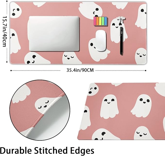 Halloween Cute Ghost Mouse Pad Kawaii Cartoon Spooky Funny Spirit Extended Desk Mat Non-Slip Rubber Base Stitched Edge Large XXL Pink White Mousepad for Gaming Laptop Computer Desktop 35.4×15.7 in