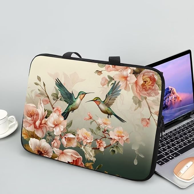Hummingbird Laptop Sleeve for Women, Protective Computer Cover Case with Handle Briefcase Carrying Bag Compatible 17 Inch Notebook, Chromebook Computer, Vintage Floral