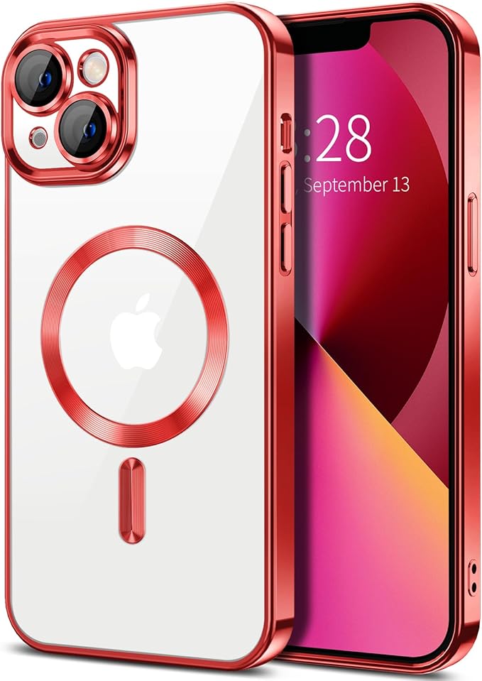 Hython Magnetic Clear for iPhone 13 Case with Camera Lens Protector [Compatible with MagSafe] Luxury Plating Edge Slim Soft TPU Cover Protective Phone Case for iPhone 13 6.1", Red