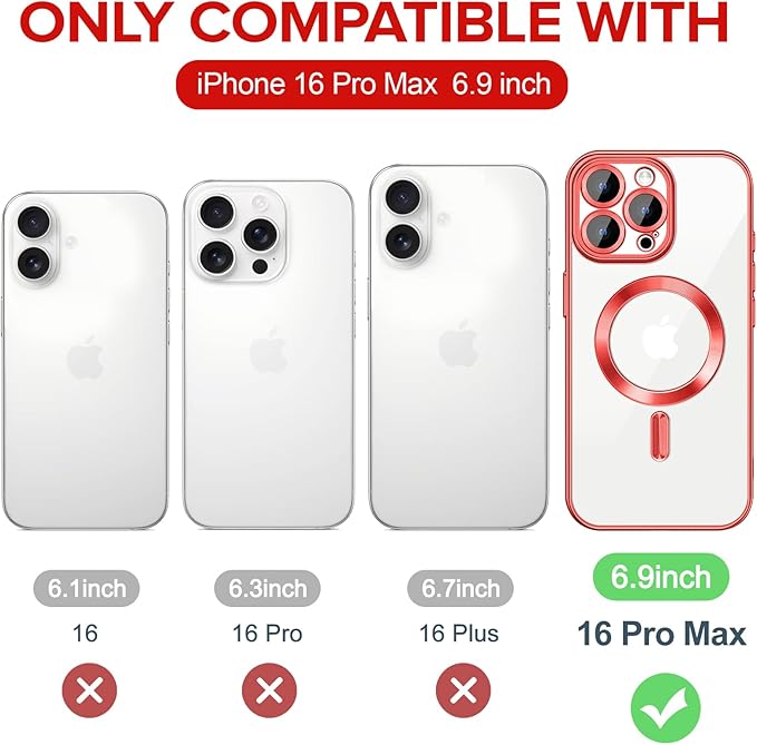 Hython Magnetic Clear for iPhone 16 Pro Max Case with Camera Lens Protector [Compatible with MagSafe] Plating Edge Slim Soft TPU Cover Protective Phone Case for iPhone 16 Pro Max 6.9", Red