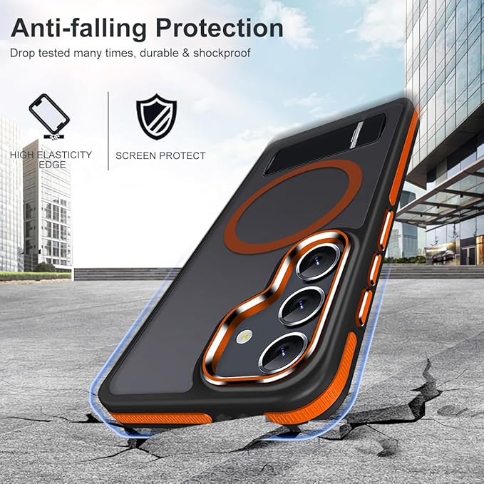 MALEWOLF Case for Galaxy S23 FE with 3 Modes Stand, Compatible with Magsafe, Color Hybrid Shockproof with Anti-Slip Edge, Matte Translucent Phone Case for Galaxy S23 FE (Black/Orange)