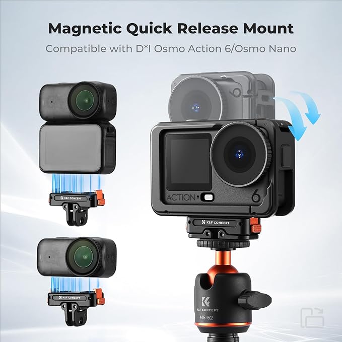 K&F Concept Magnetic Quick Release Adapter Mount Compatible with DJI Osmo Nano/Osmo Action 6, Expansion Stand with 1/4 Screw Hole/Foldable Connector/Quick-Release Buckle, Action Camera Accessories