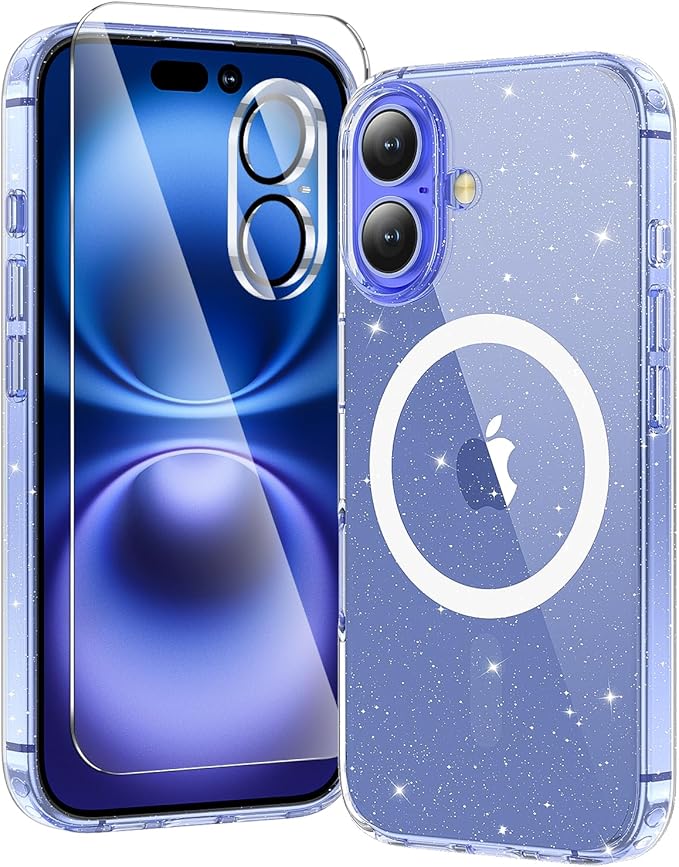 toushion 3 in 1 for iPhone 16 Plus Case Clear Glitter | with MagSafe,Screen Protector *1 & Camera Lens Protector*1, Military-Grade Protection