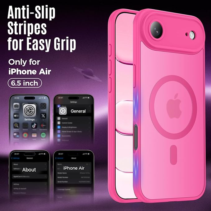 Symcele Designed for iPhone Air Case, Compatible with MagSafe, [Camera Protection] [15FT Military Drop Protection] Shockproof Translucent Matte Anti-Slip Thin Slim Phone Case, 6.5", Hot Pink