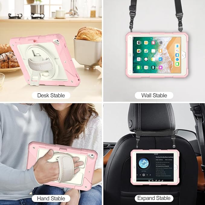 MENZO Shockproof Case for iPad 5th Gen/6th Gen/Air 2/Pro 9.7-inch with 360° Swivel Stand, Pencil Holder, Detachable Hand and Shoulder Strap, Beige+Pink