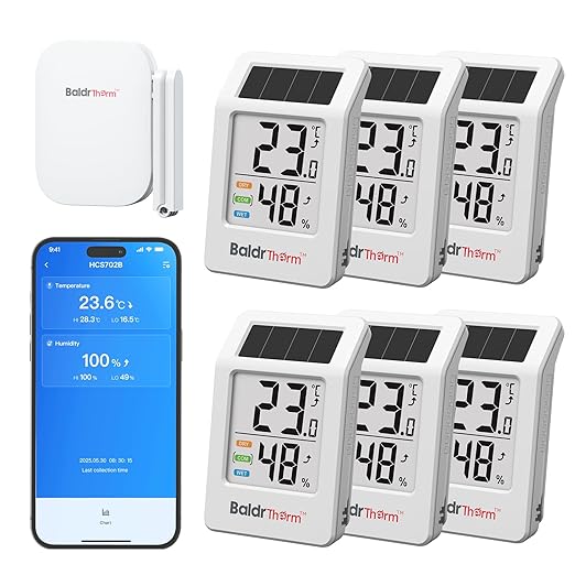 BaldrTherm WiFi Thermometer, Wireless Smart Thermometer, Remote Temperature Monitor with Gateway&Solar Sensor,200ft Coverage, App Alerts,12-Month Battery, Comfort Indicator, Data Sync Recover,6Pack