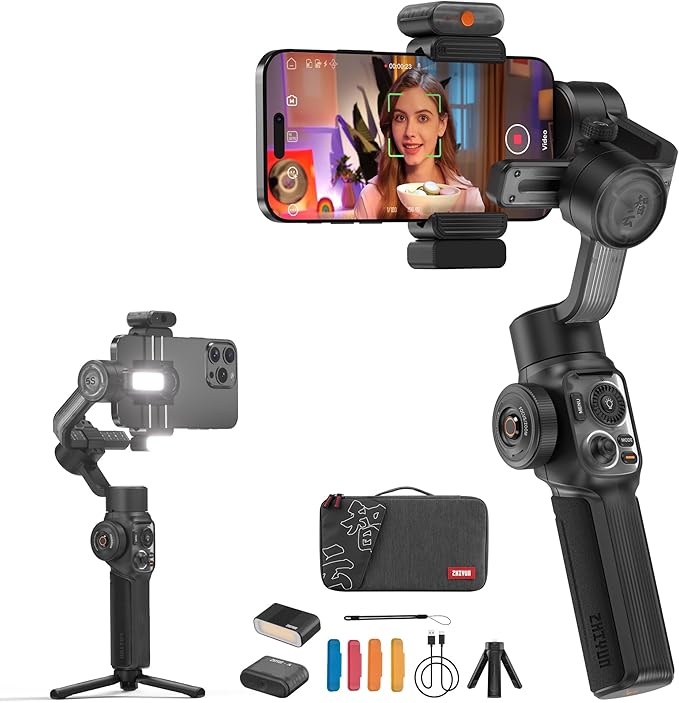 ZHIYUN Smooth 5S AI Pro Gimbal Stabilizer for Smartphone 3-Axis Phone Gimbal with AI Tracker, Magnetic/Built-in Fill Light, Storage Bag, iPhone Stabilizer for Video Recording Filming Vlogging