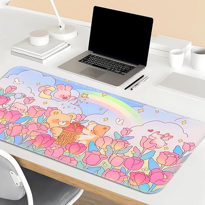 PERFECTSIGHT Cute Desk Mat Kawaii Rainbow Bunny Bear Kitty Desk Pad, Large Gaming Mouse Pad, Funny Girls Deskmat Mousepad, Anime Laptop Keyboard Pad Office Home Decor for Women Kids, Tulip