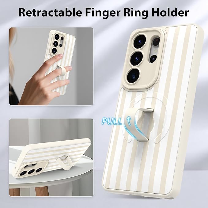 KANGHAR Compatible with Samsung Galaxy S26 Ultra Case, Support for MagSafe, Silicone Stripes Cute Pattern, Wristband Kickstand Camera Protection Soft Slim Cover for Girls Women -White