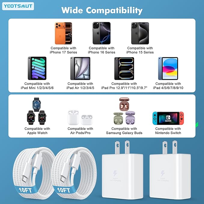 i Phone 17 Charger Fast Charging，45W Fast Charging Replacement for 17/17Pro/17Pro Max/17 Air/ 16 Pro Max/16 Pro/16/16Plus/15 Pro Max/15 Pro/15/15Plus,i Pad and More，10FT Type C Cords