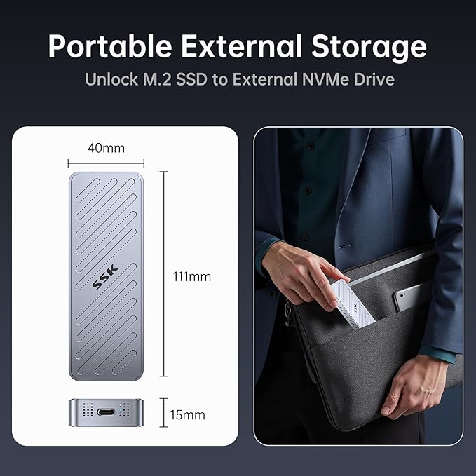 SSK NVMe SSD Enclosure, 20Gbps PCIE M.2 Enclosure SSD Case, NVMe to USB C 3.2GEN2X2 Adapter 2280/2260/2242/2230 Reader M-Key/B+M Key with LED Indicator Aluminum Alloy