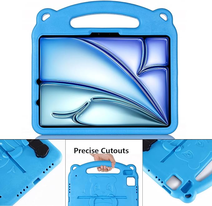 Kids Case for Apple iPad Pro 11 inch M5/M4 Tablet (2025/2024) with Handle/Kickstand Slim Lightweight Cute Soft EVA Foam Shockproof Folio Stand Protective Cover for Boy Girl Teens, Blue Panda