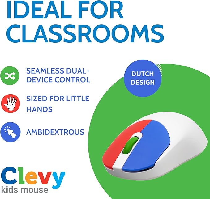 Clevy Kids Mouse - Colorful Ergonomic Bluetooth Computer and Laptop Kids Mouse for School and Home Computer Use - Wireless Children Friendly - Compatible with Windows, macOS, Chromebook