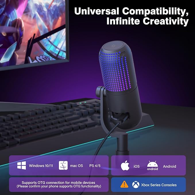 USB Condenser Microphone for PC Gaming,Streaming&Podcast,Plug & Play RGB Desktop Mic with One-Touch Mute,Cardioid Noise-Canceling Computer Mic for Twitch,YouTube,Recording on PC & Laptop(Black)