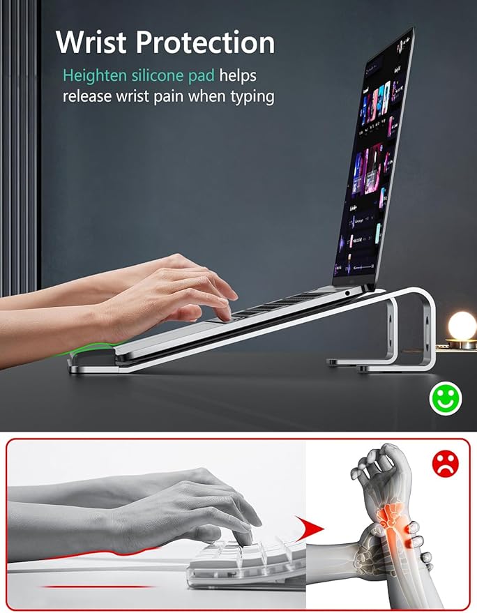 JCZT Aluminum Laptop Stand, Notebook Stand with Wrist Rest, Ergonomic Detachable Laptop Mount, Computer Stand Compatible with 10-17'' All Laptops Such as MacBook Air Pro/HP/Dell/Lenovo, Silver