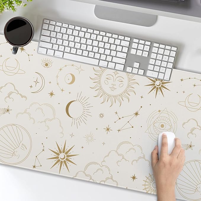 Boho Chic Sun Moon Large Mouse Pad XXL Magic Mystical Galaxy Stars Clouds Extended Large Desk Mat White Big Desk Pad 90X40 CM Non-Slip Rubber Base Stitched Edge Long Mousepad,35.4 x 15.7 Inch