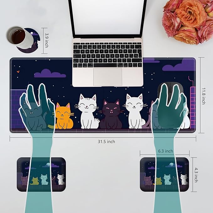 Wrist Elbow Support Arm Rest Desk Mouse Pad Set,Large Mouse Pad + 2 Elbow Rest Pad + Coaster,(31.5×11.8 in) Ergonomic Memory Foam for Office,Gaming,Computer,Laptop-Lovely Cats