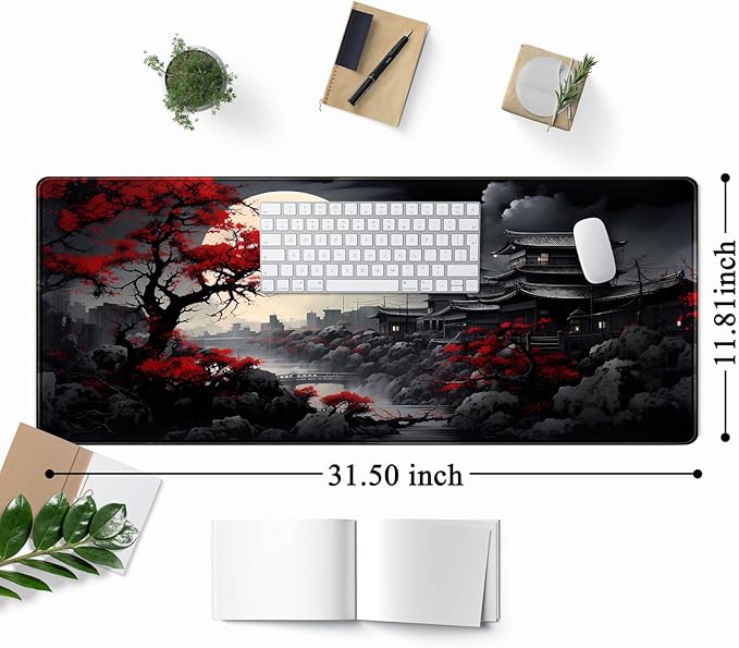 Riverside Full Moon Desk Mat Japanese Desk Pad Black Red Large Mouse Pad Gaming Mousepad Extended XXL Keyboard Pad 31.5 x 11.8 in Laptop Computer Mouse Keyboard Mat for Office Decor