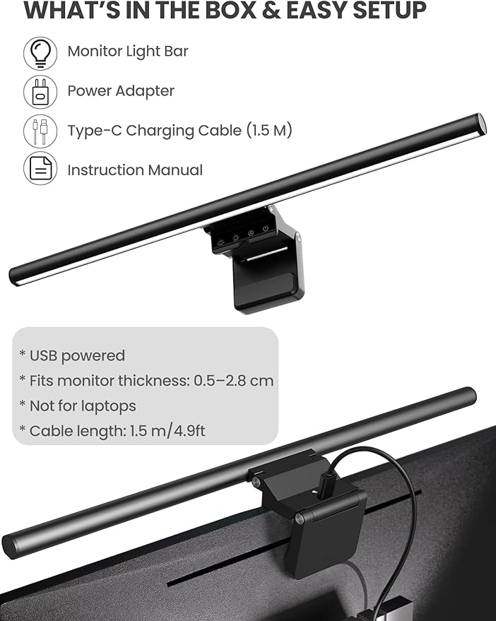 Monitor Light Bar 19.7", No-Glare Asymmetric Screen Lamp, Auto-Dimming, CRI Ra97, 2700K6500K & Stepless Dimming, Touch Control, Includes 5V/2A Adapter, Fits 0.21.1" Monitors (Not for Laptops)