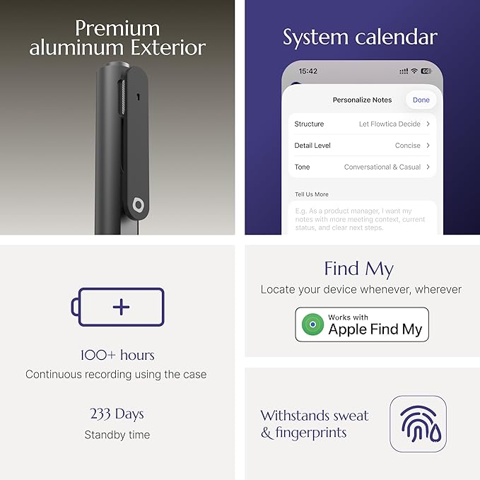 Flowtica Scribe AI Voice Recorder, App Control, Transcribe & Summarize, One-Press Highlight, HiFi Audio, Background Auto-Sync, Note Taker for Meetings & Lectures, Ultra-Slim, Charging Case Included