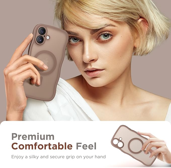 CAPRARO for iPhone 16 Case for Women Girls, Upgraded [Full Camera Protection] [Compatible with MagSafe] Cute Wave Translucent Matte Phone Case for iPhone 16, Brown