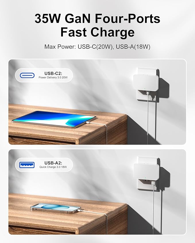 Flat USB Wall Charger 4 Ports Slim 35W USB-C/A Flodable Plug Fast Charging Block for iPhone 8/9/10/11/12/13/14/15 Multiport Power Charging Adapter for ipad and Galaxy Series S8-10 White