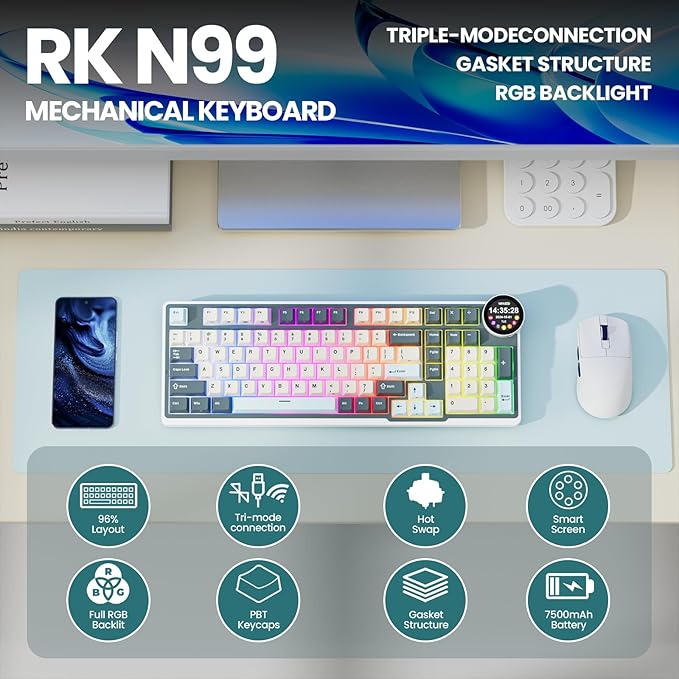 RK ROYAL KLUDGE N99 Wireless Mechanical Keyboard Full Size, Smart Display Screen & Knob, BT/2.4G/USB-C, 96% Hot Swappable Custom Keyboard, Pre-lubed Linear Switches, Gasket Mount, RGB Gaming Keyboard