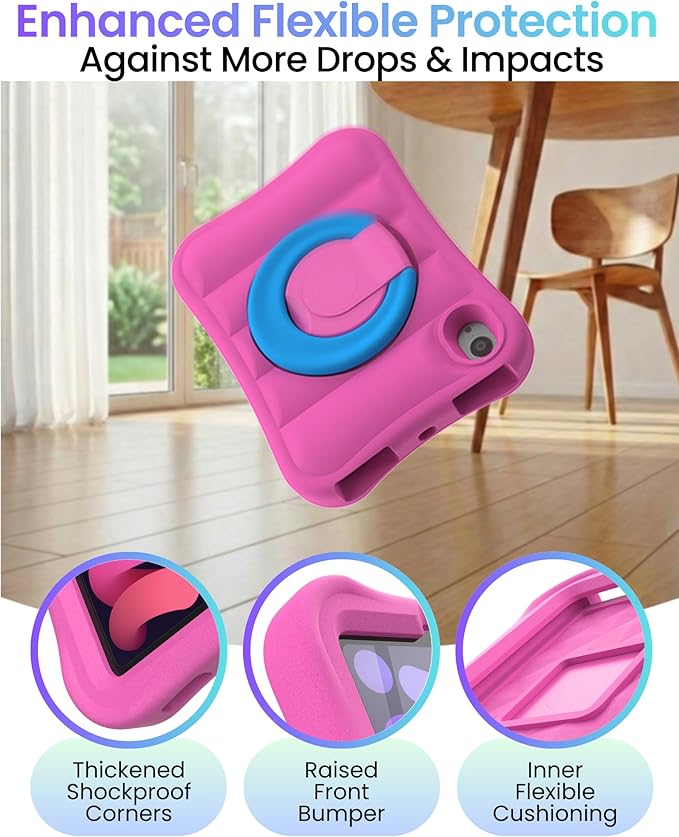 MRWHO Kids Case for iPad mini 6th Gen 8.3 inch - Lightweight Flexible Shockproof iPad mini 6 Gen case with Folding Handle Stand (Pink Blue)