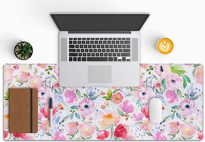 Watercolor Floral Botanical Pattern Desk Mat, Extended Big Mouse Mat for Home and Office, Large Gaming Mousepad Laptop Keyboard Mat with Non-Slip Rubber Base, Stitched Edges (31.50"x11.8"x0.12")