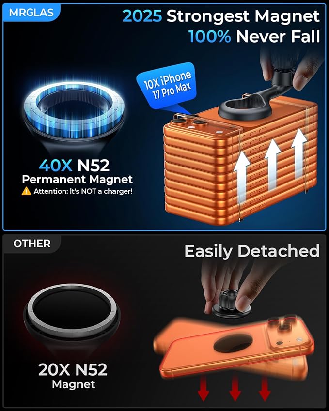 MRGLAS for MagSafe Car Mount [Upgraded 40 Strong Magnets] [360° Rotation] Air Vent Magnetic Phone Holder [Double Metal Hook] Car Phone Holder Mount Compatible iPhone 17 16 15 Pro Max S26 Ultra S25