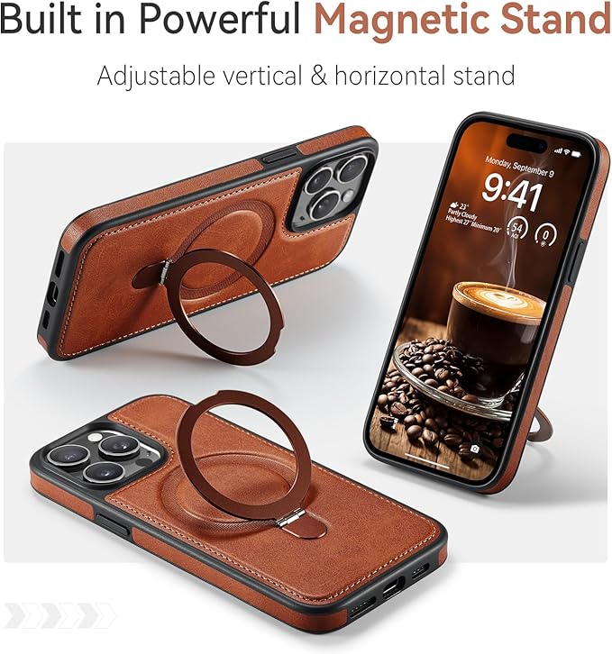 Compatible with iPhone 14 Pro Max Case with Stand, Compatible with MagSafe, Slim PU Leather & Durable TPU Protective Cover Drop-Proof with Tempered Glass Screen Protector 6.7", Brown