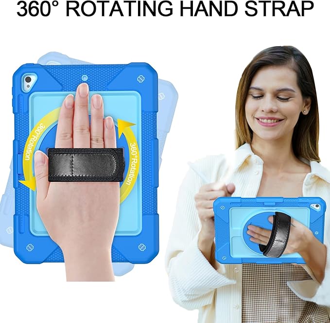 MENZO Shockproof Case for iPad 5th Gen/6th Gen/Air 2/Pro 9.7-inch with 360° Swivel Stand, Pencil Holder, Detachable Hand and Shoulder Strap, Blue+Baby Blue