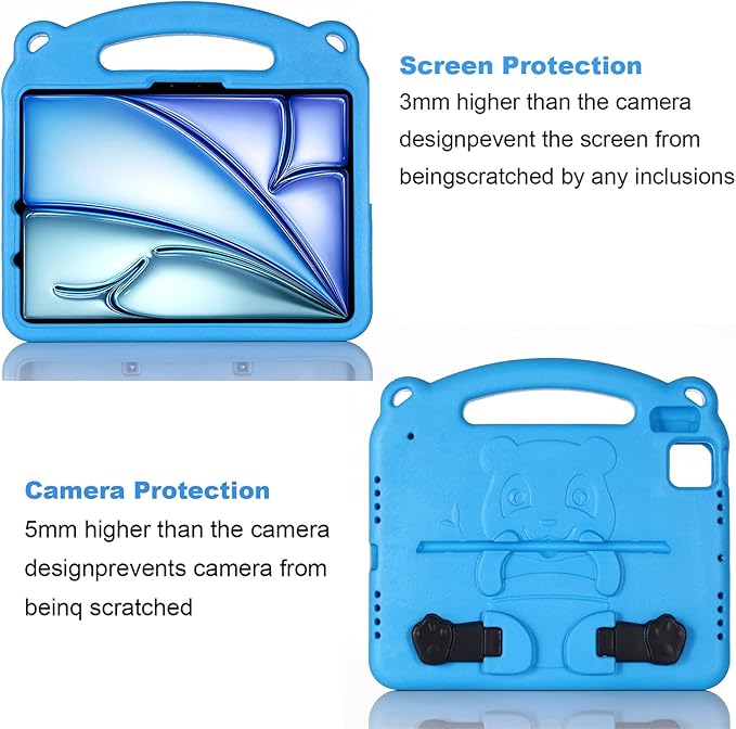 Kids Case for Apple iPad Pro 11 inch M5/M4 Tablet (2025/2024) with Handle/Kickstand Slim Lightweight Cute Soft EVA Foam Shockproof Folio Stand Protective Cover for Boy Girl Teens, Blue Panda
