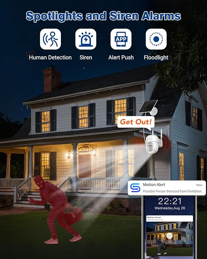 Septekon 360°PTZ Security Cameras Wireless Outdoor, Solar Battery Powered Cameras for Home Surveillance, 2K 2.4G WiFi Camera with Spotlight, Motion Detection, Siren, Color Night Vision, IP66, White