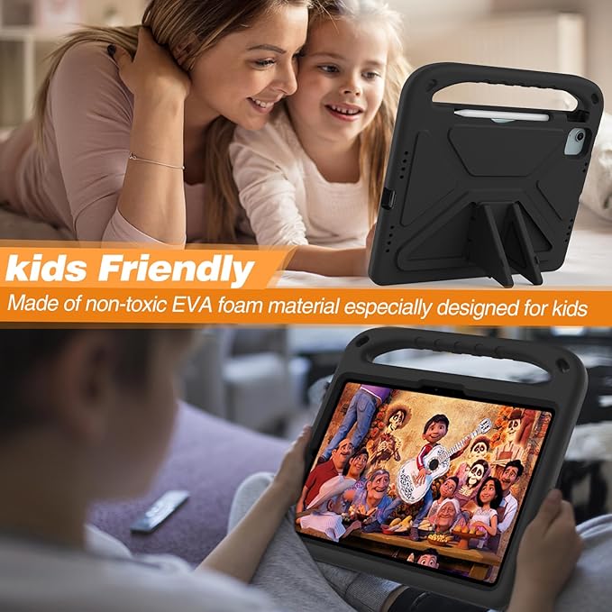 Dteck Kids Case for iPad Air 11" M2 (2024) & iPad Pro 11" M4 (2024) with Pencil Holder, Shockproof Rugged Protective Handle Stand, EVA Foam Case, Black