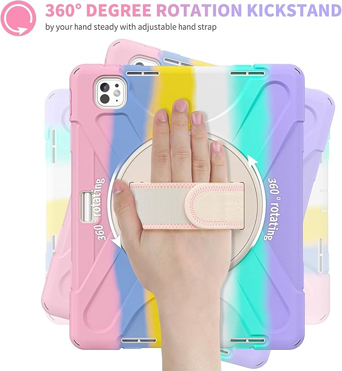 Batianda Case for iPad Pro 13-inch 2025 M5 2024 M4 Chip Heavy Duty Rugged Durability Silicone Tablet Cover with 360° Rotating Hand Strap Foldable Hidden Stand & Shoulder Strap, Colorful Pink