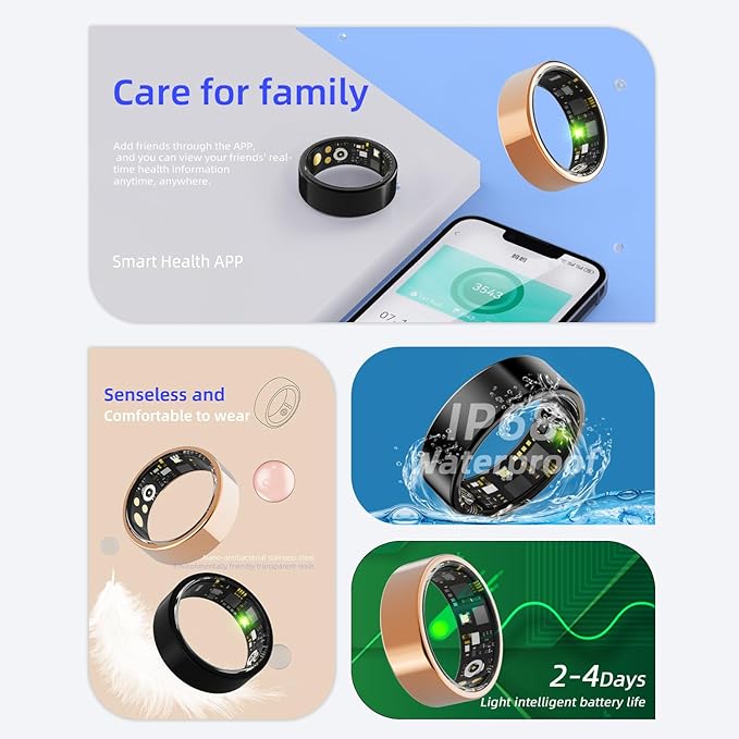 Smart Ring for Men & Women, Fitness and Health Tracker with Sleep Monitoring, Steps Counting, Daily Wellness Insights, IP68 Waterproof, No Subscription, Compatible with App (Gold, 8)